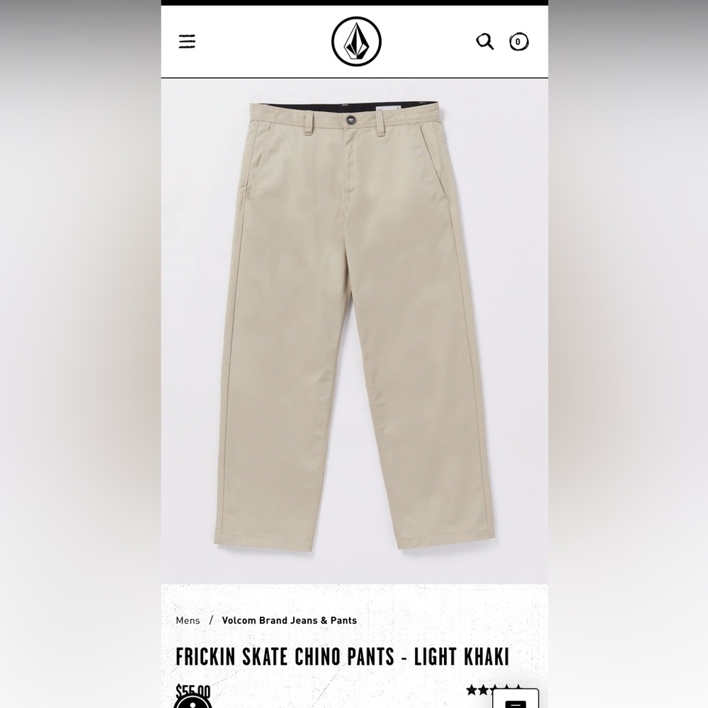 Men’s Volcom Frickin Skate Chino in khaki, size 34.